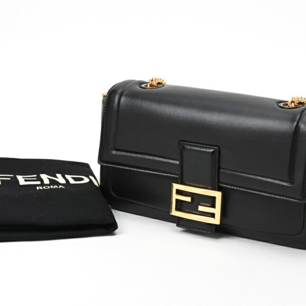 FENDI Baguette Chain Shoulder 8BR783 Leather Black S-157022
