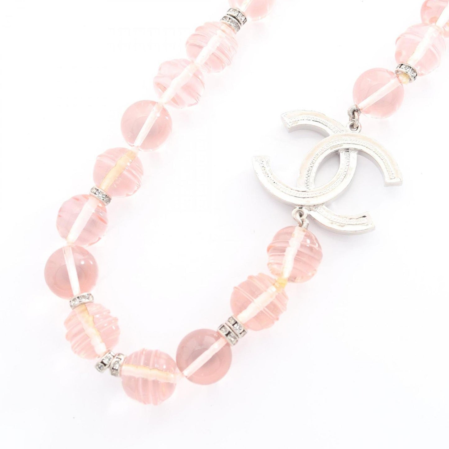 Chanel Coco Mark Necklace, Stainless Steel, Plastic, and Rhinestones, Women's, Silver, Pink, Clear