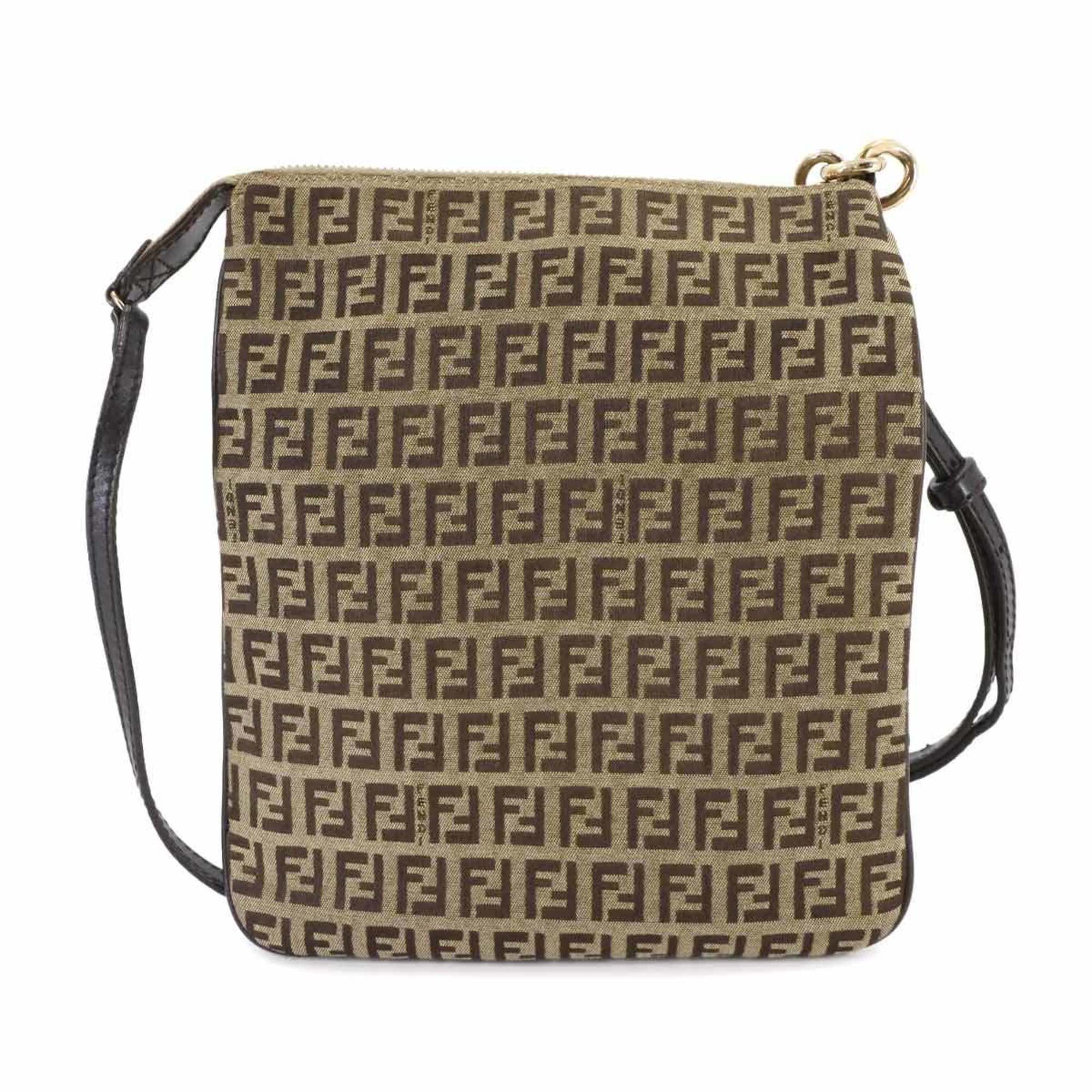 Fendi Zucchino Shoulder Bag, Canvas, Leather, Beige, Brown, Gold Hardware, 8BT150