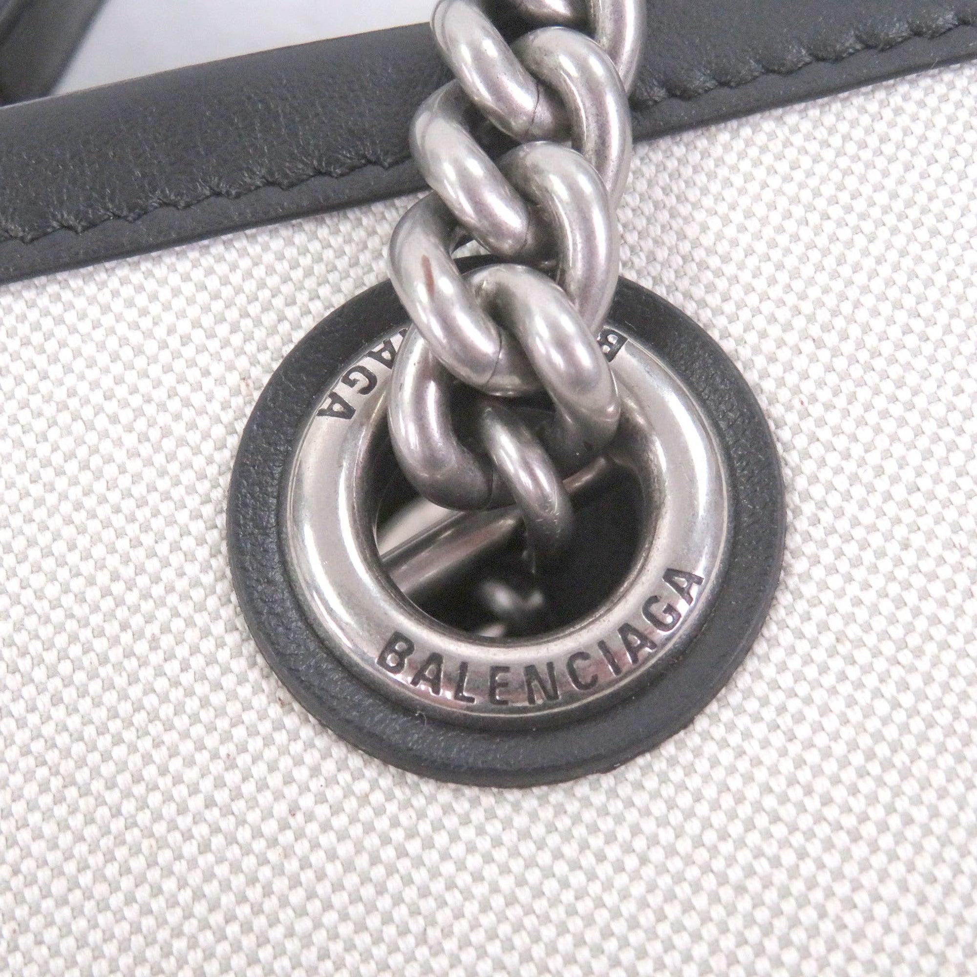 BALENCIAGA 759941 DUTY FREE TOTE S Canvas Leather Logo Print Chain Shoulder Handbag Light Beige Black Comes with Dust Bag Made in Italy Women's — Like New
