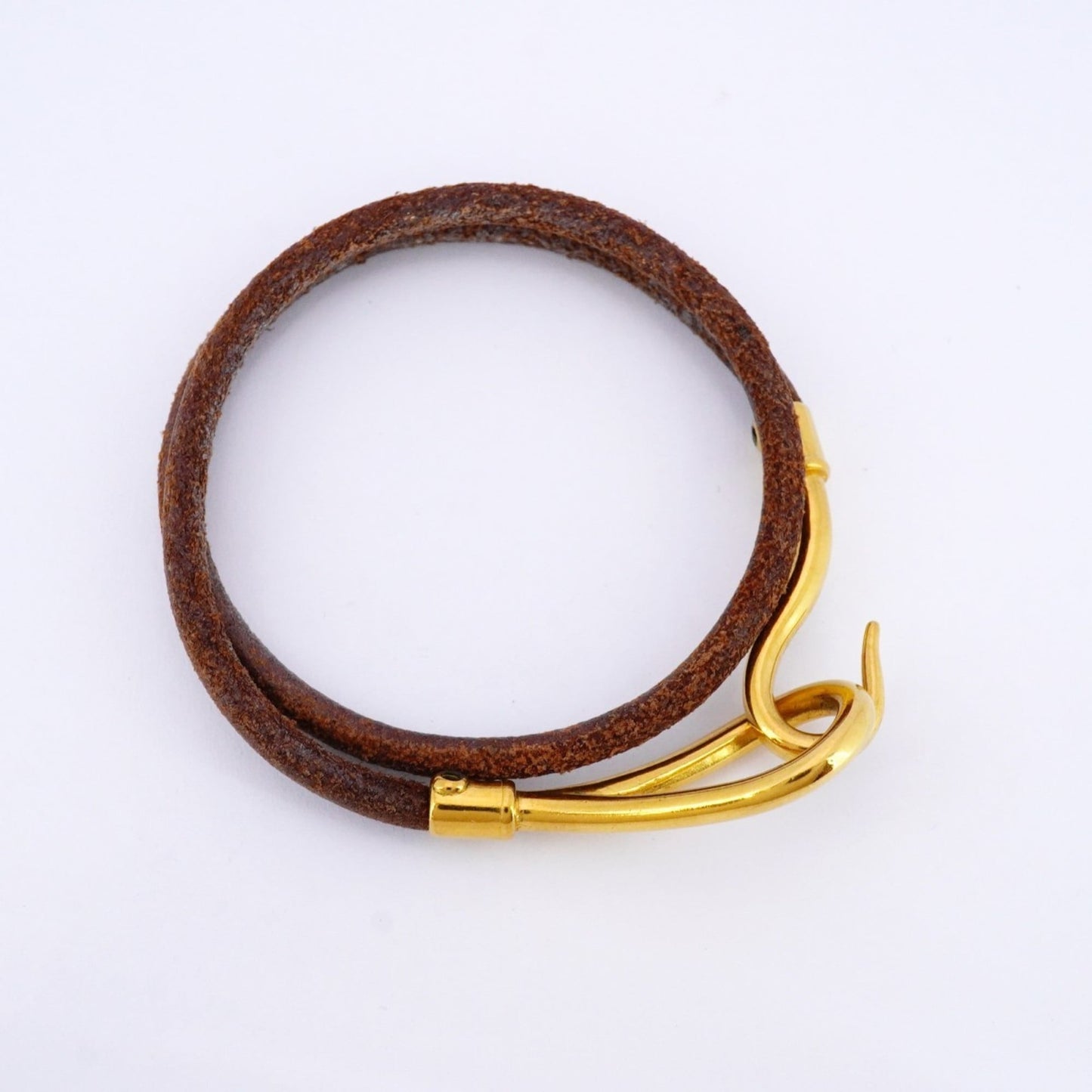 Hermes Jumbo Hook Bracelet, GP Plated Leather, Gold Brown, Women's, P1642597