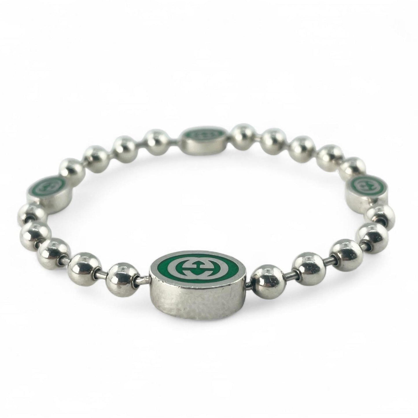 GUCCI Interlocking G Ball Chain Bracelet, AG925 Silver, Size 17, Made in Italy, Women's