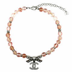 CHANEL (Chanel) 2023 Model B23S Coco Mark Ribbon Rhinestone Choker Necklace, Pink and Silver, with Box, Made in Italy, Women's — Like New