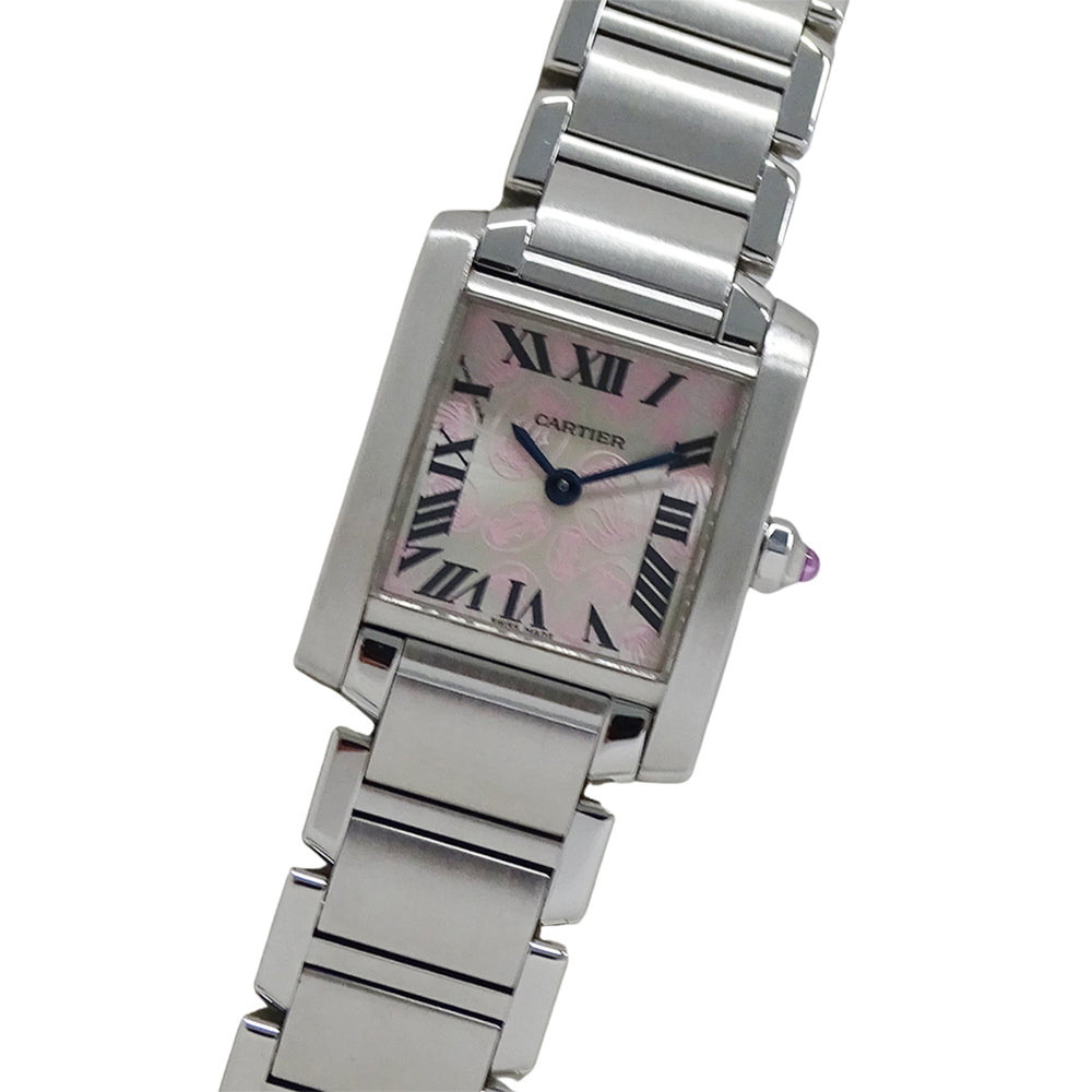 Cartier women's watch, Tank Française SM, 2006 Christmas limited edition, quartz movement, stainless steel (SS), W51031Q3, silver and pink — Good