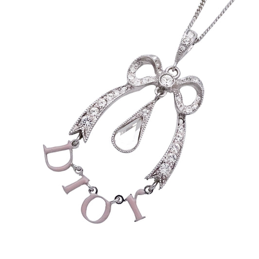 Christian Dior Dior Women's Necklace, Metal, Silver, Ribbon, Rhinestone, Logo, Beads, Swing