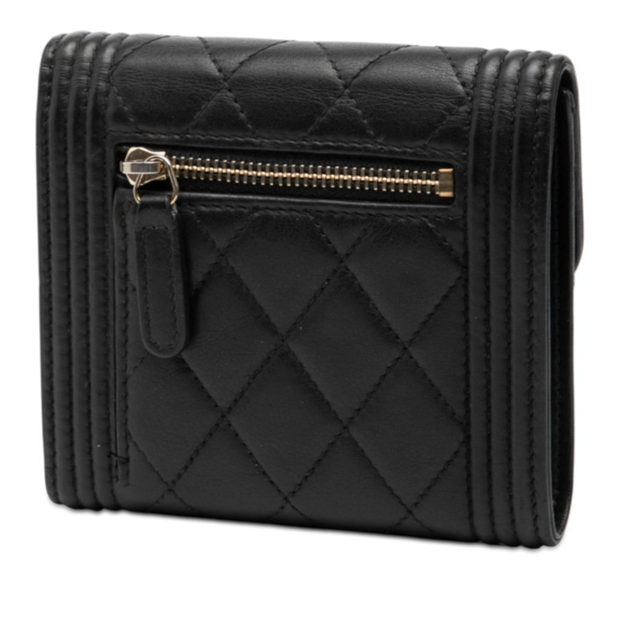 CHANEL Boy Chanel Bifold Wallet Black Lambskin Women's
