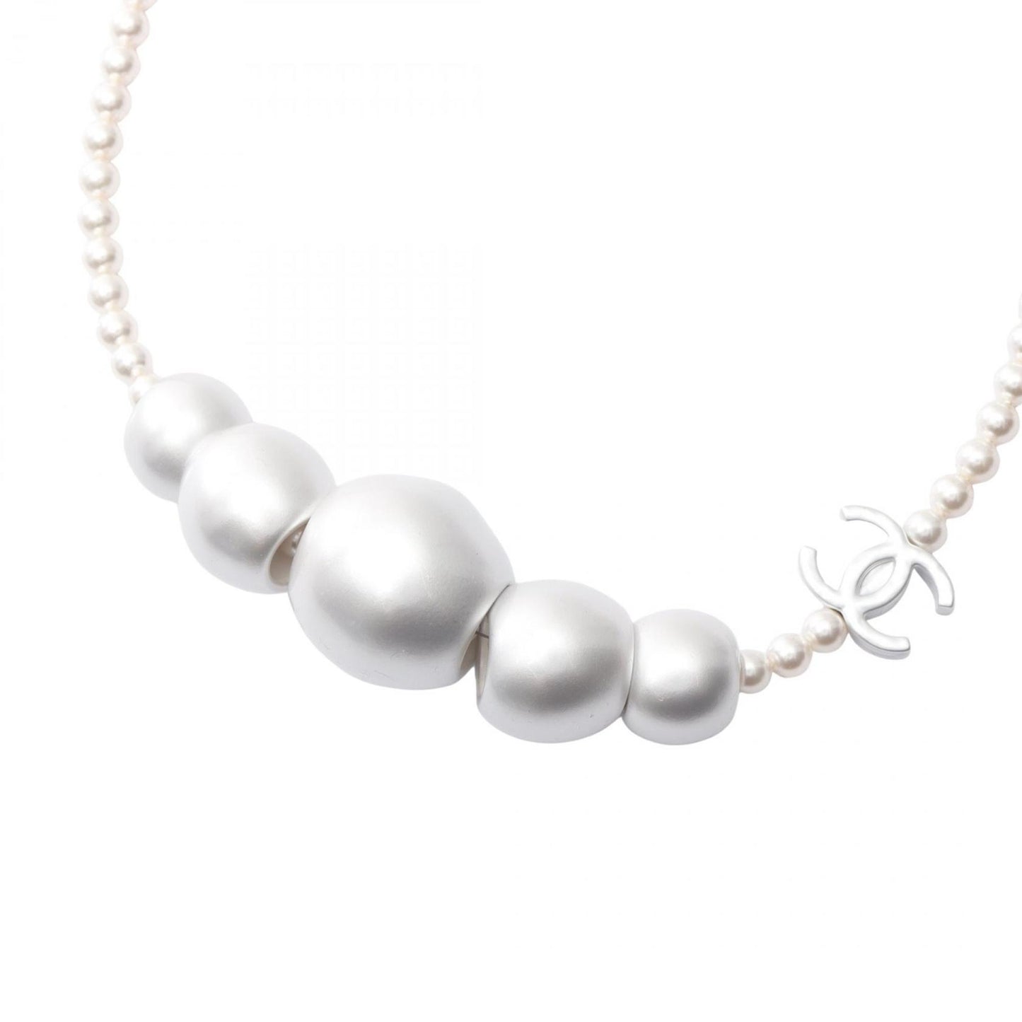 Chanel Coco Mark Necklace in Stainless Steel with Faux Pearls, Silver and White, ABE925B19296