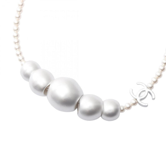 Chanel Coco Mark Necklace in Stainless Steel with Faux Pearls, Silver and White, ABE925B19296