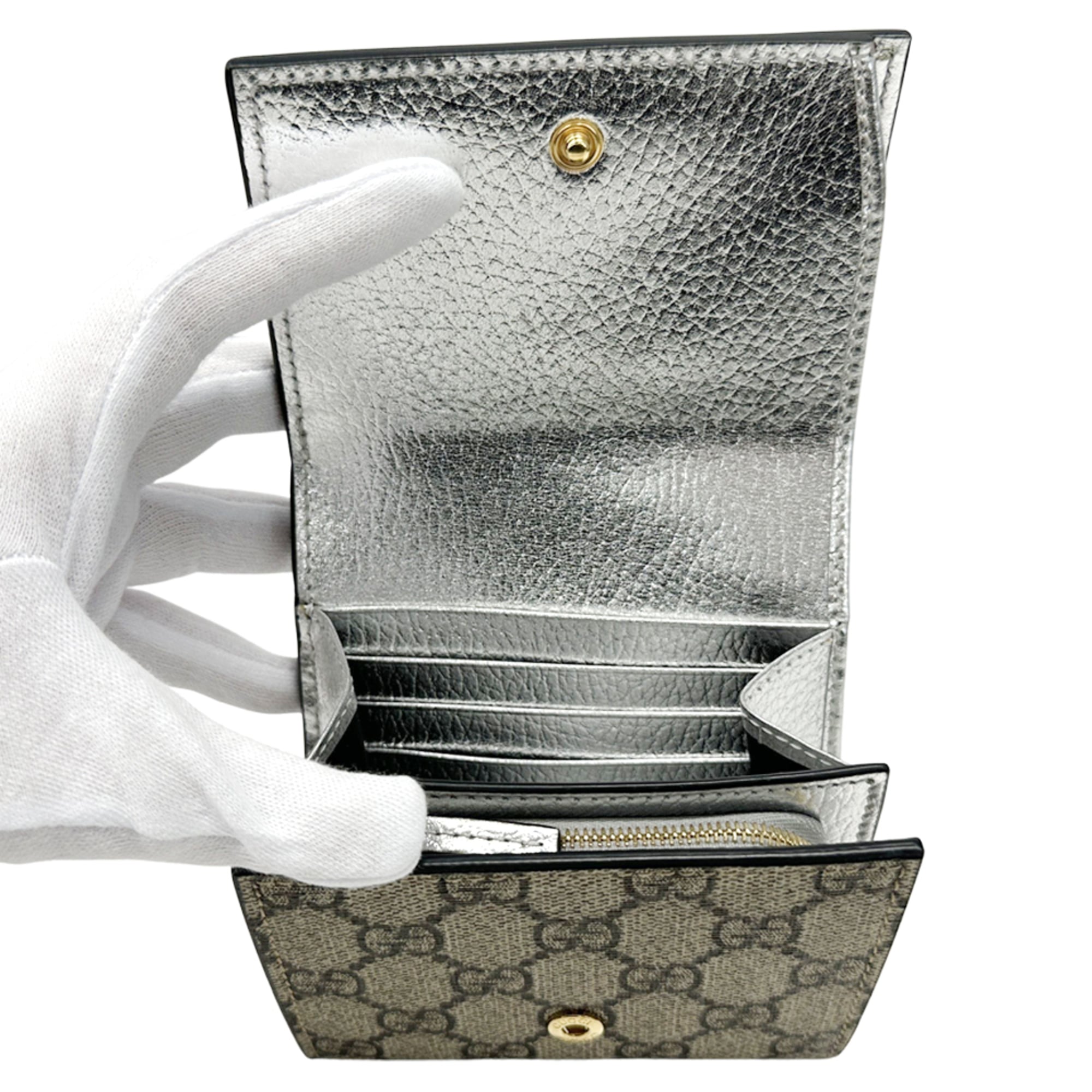 Gucci GG Supreme Petit Marmont Tri-fold Wallet (598587) for Men and Women, Silver Beige, Compact Bi-fold