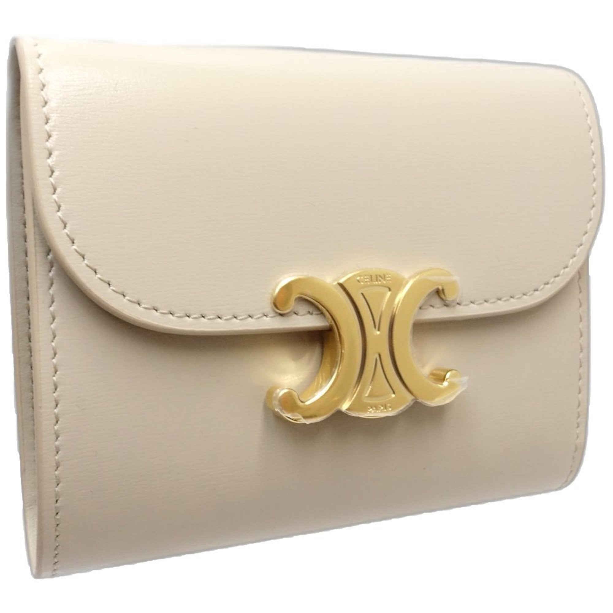 CELINE Triomphe Small Wallet W1E-3264, Beige Leather, Women's, 181614