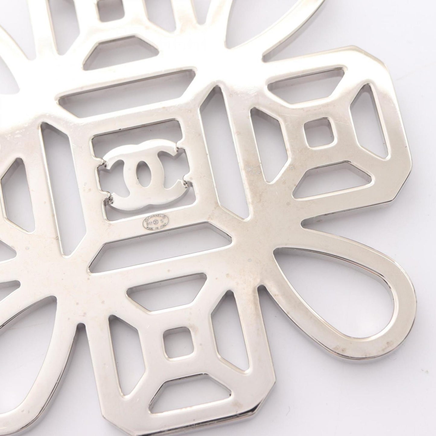 Chanel Coco Mark Necklace, Stainless Steel with Rhinestones, Women's, Silver, Clear, and Black