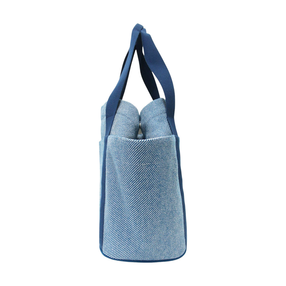HERMES Animaux Natte Tote Bag, Embroidered Animal Motif, Snap Button Closure, Drawstring, Wool Cotton, Blue Pants, Women's — Like New