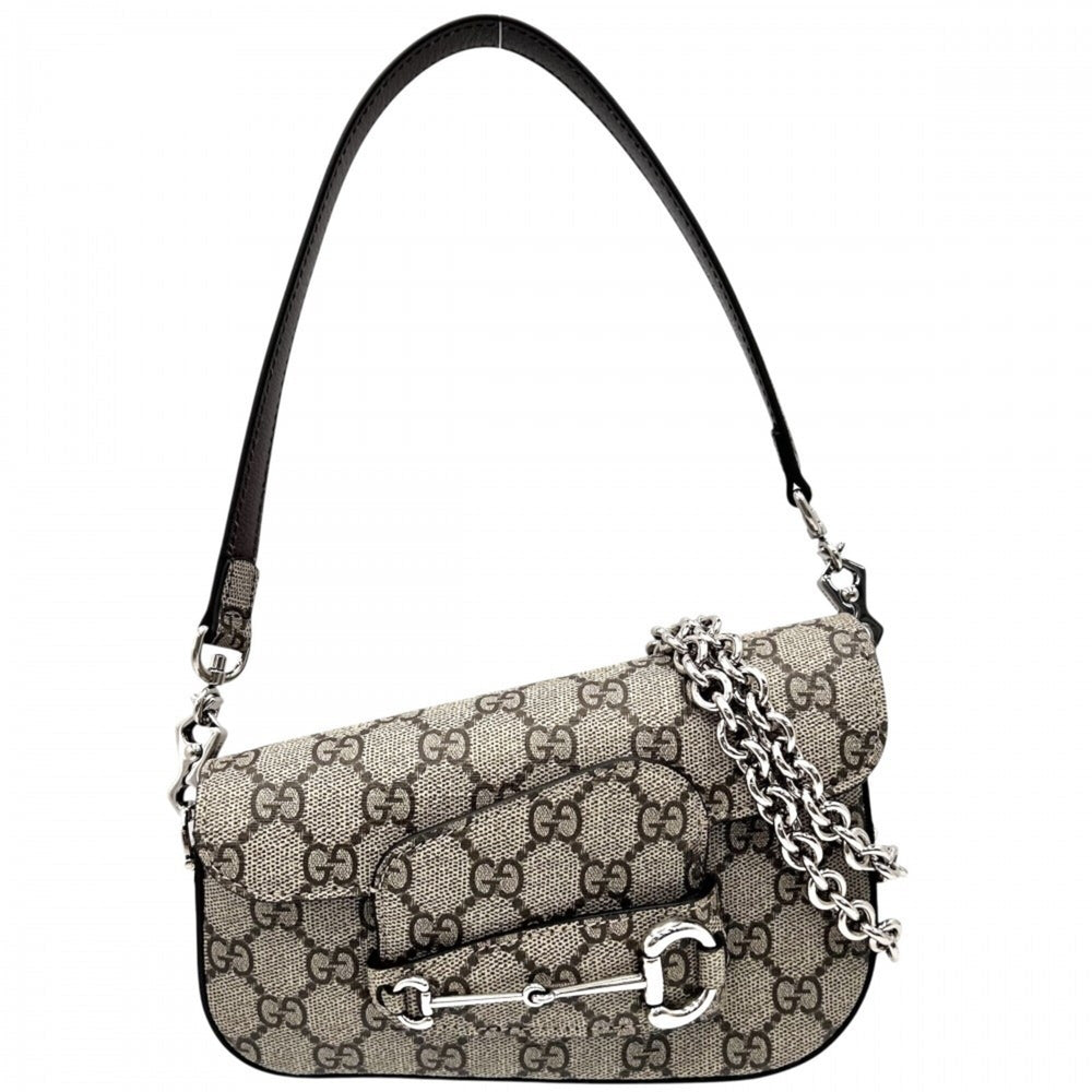 Gucci Women's Horsebit 1955 Shoulder Bag Mini Handbag Crossbody GUCCI 774209 GG Supreme Canvas Leather Beige Silver Hardware — Like New