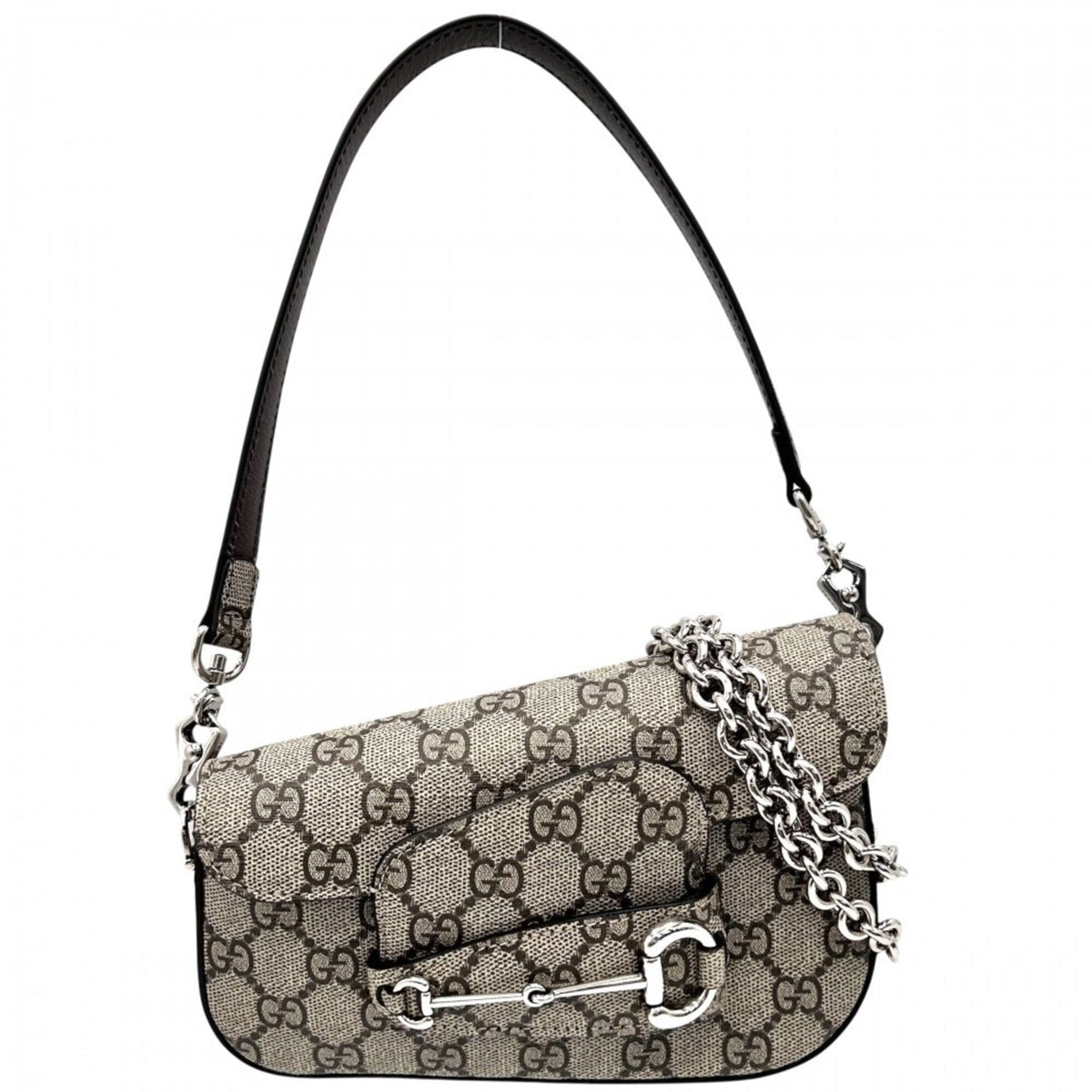 Gucci Women's Horsebit 1955 Shoulder Bag Mini Handbag Crossbody GUCCI 774209 GG Supreme Canvas Leather Beige Silver Hardware — Like New