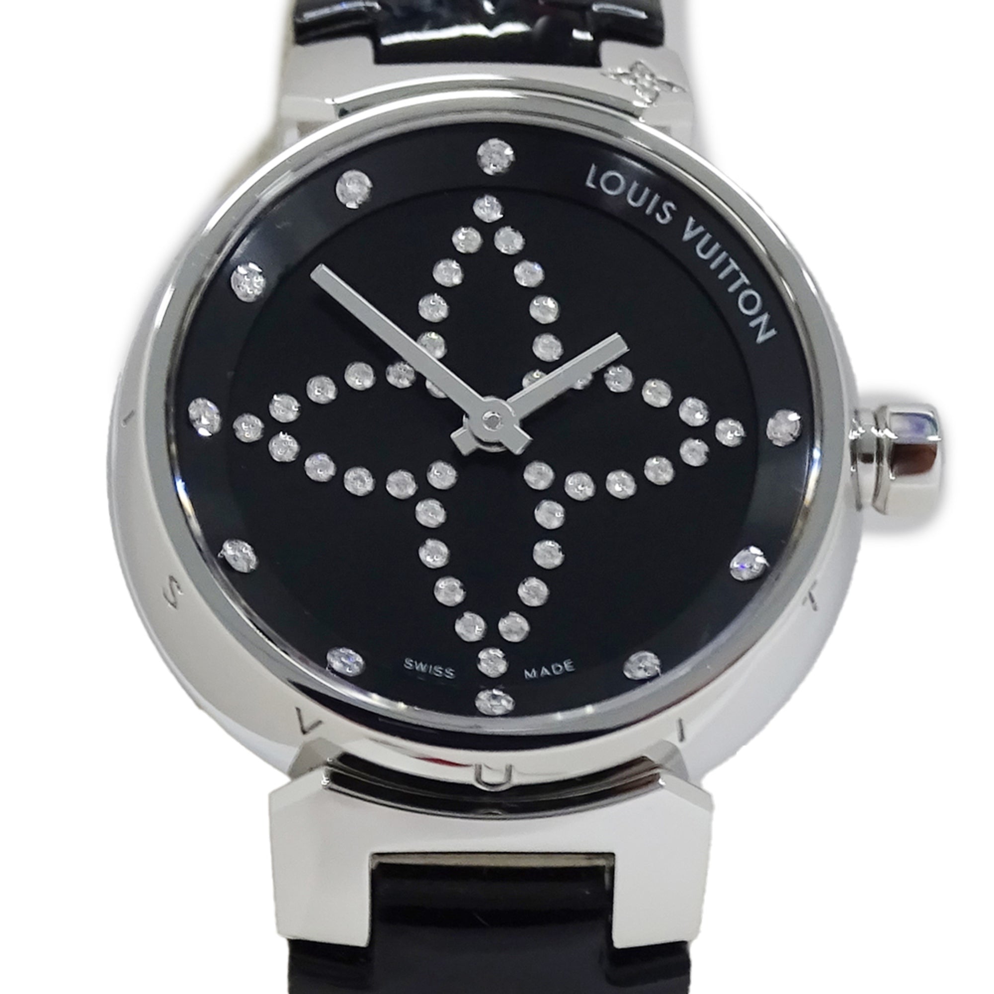 Louis Vuitton LOUIS VUITTON Women's Watch Tambour Forever Diamond Quartz QZ Stainless Steel SS Leather Q12M5 Silver Black — Good