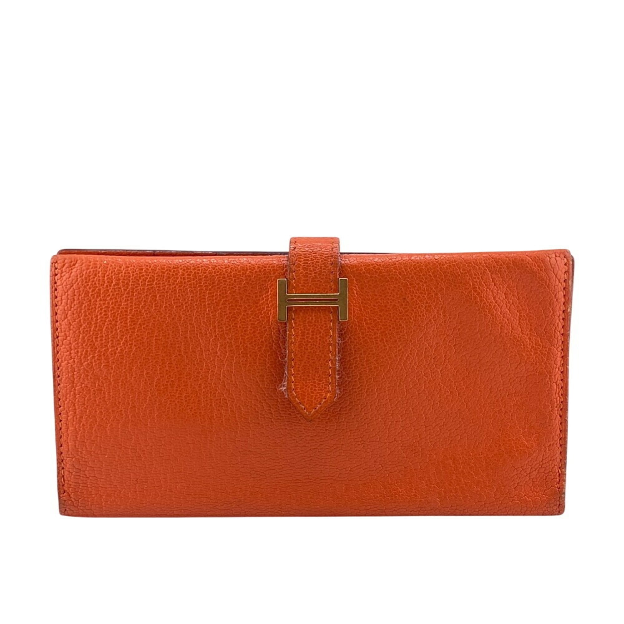 HERMES Bearn long wallet, orange, women's