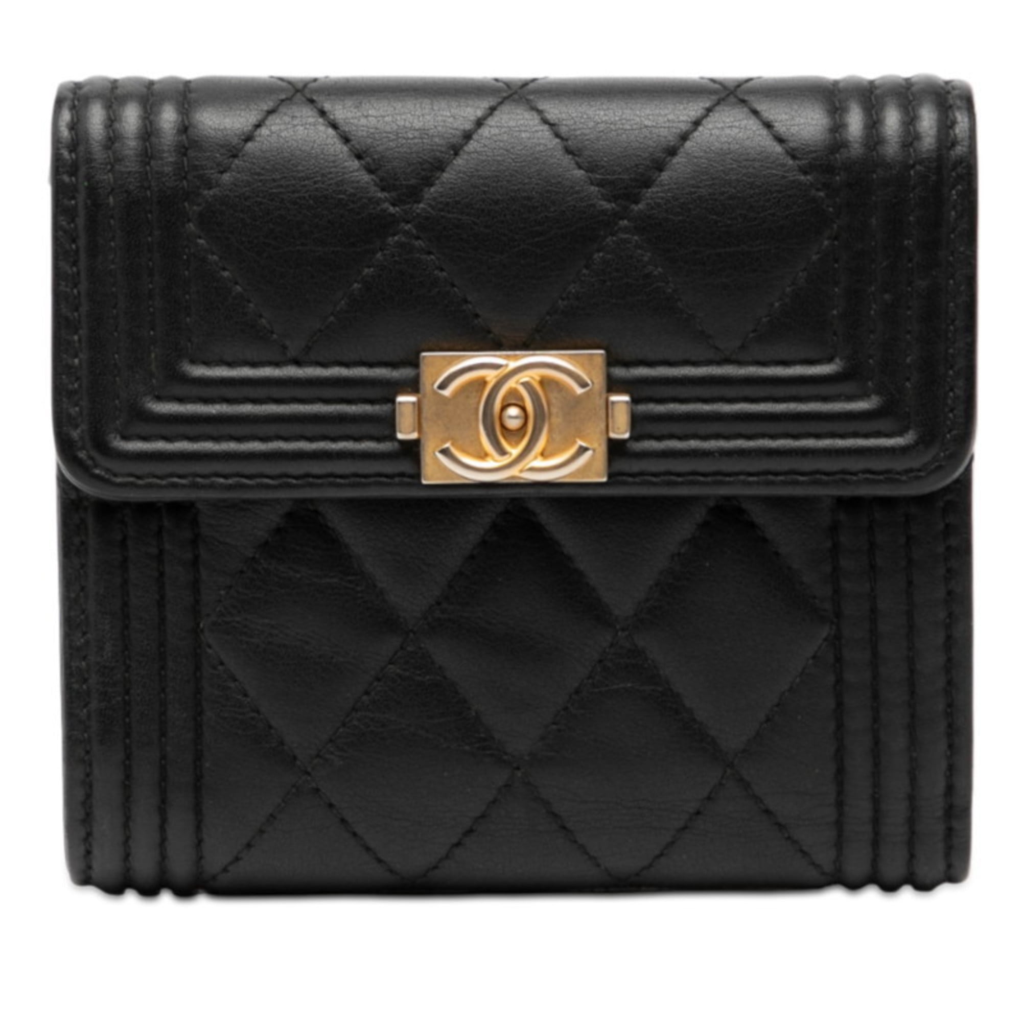 CHANEL Boy Chanel Bifold Wallet Black Lambskin Women's