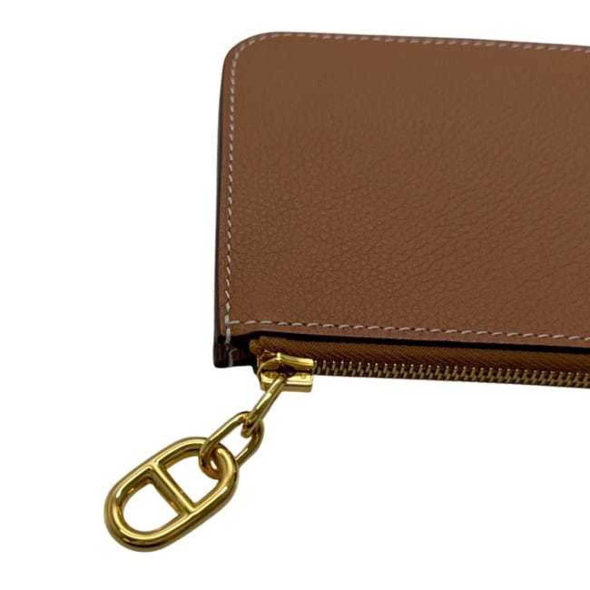 Hermes Hermès Zip Ango PM card case, f-24796, camel brown with gold coin purse and leather, Evercolor K stamp, made in 2025. This Chaine mini pouch wallet is brown.