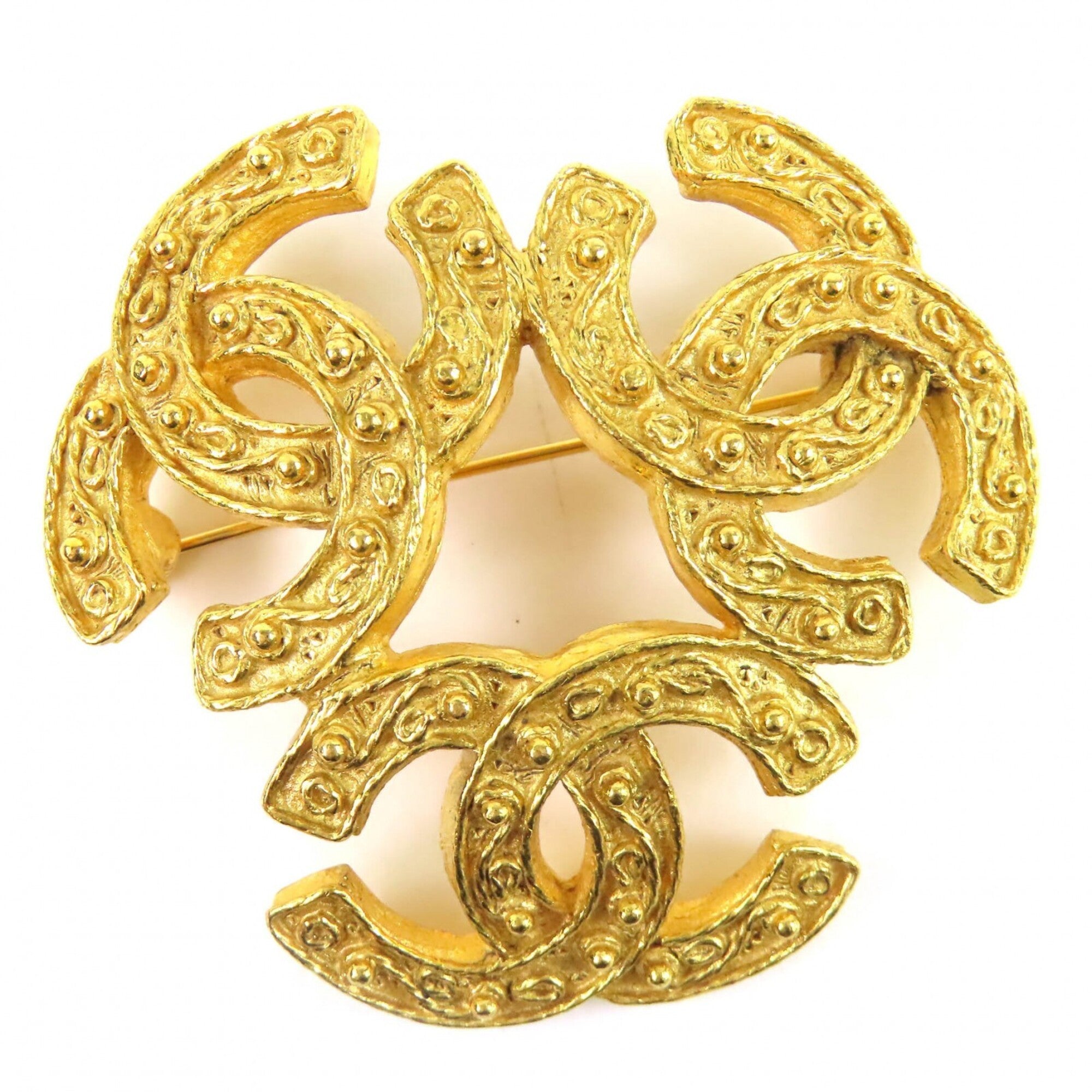 CHANEL Vintage 1994 (94A) Triple Coco Mark Brooch, Large Size, Gold, with Box, Made in France, Women's, Highly Recommended ◎ — Like New