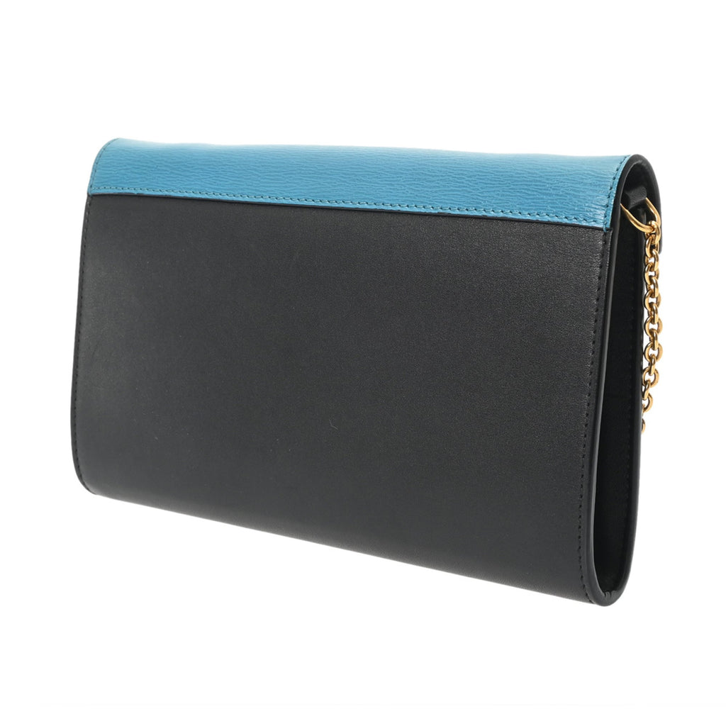CELINE Chain Wallet, Black, White, Blue, Women's Leather Shoulder Bag, A-Rank, Pre-Owned, Ginzo