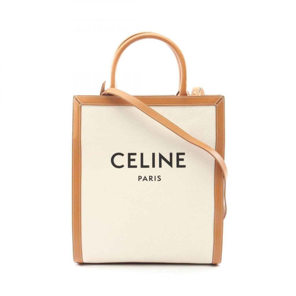 Celine Small Vertical Cabas Tote Bag in Canvas and Leather, Women's, White/Brown, 192082BNZ