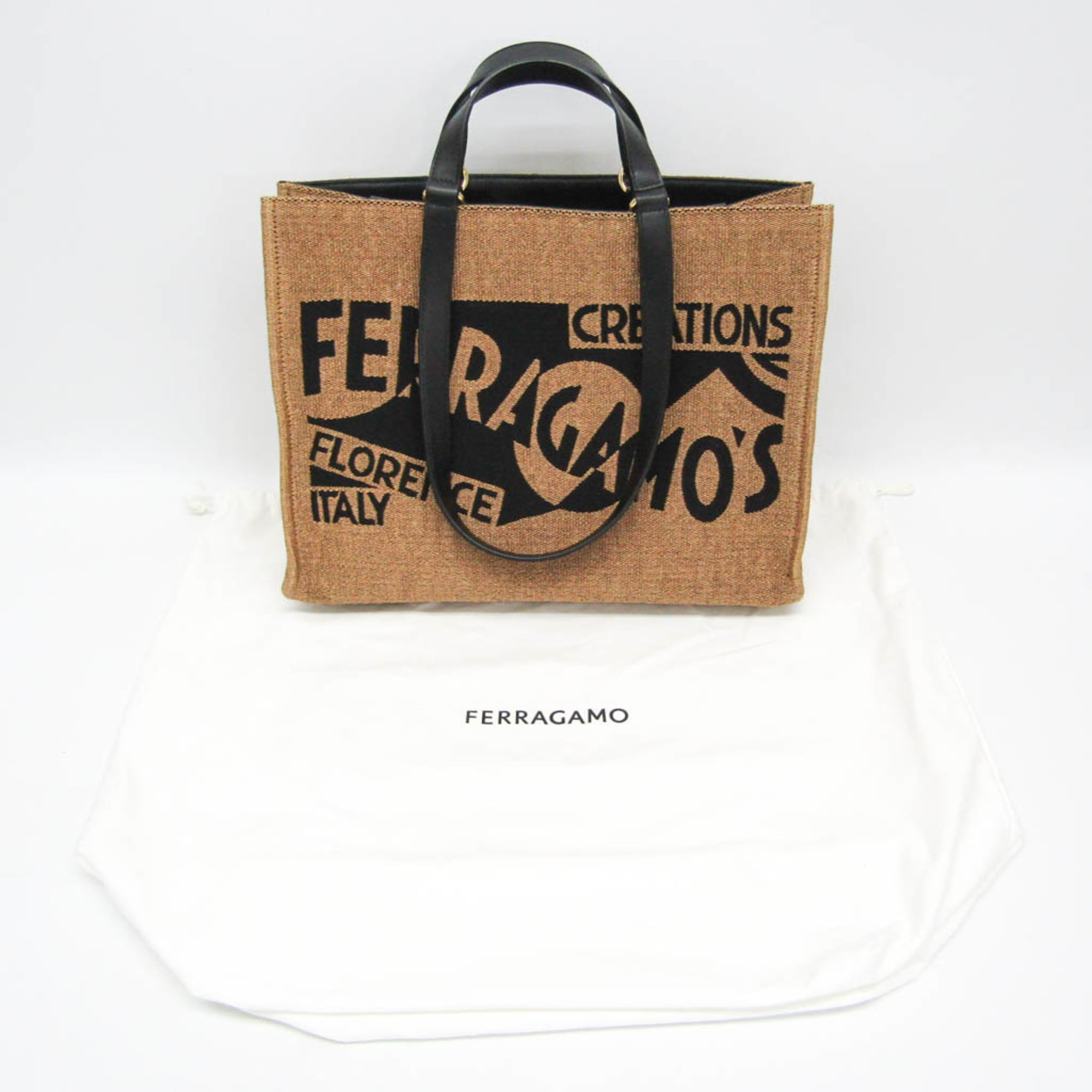 Salvatore Ferragamo Medium GG-219406 Women,Men Fabric,Leather Handbag,Tote Bag Beige,Black — Like New