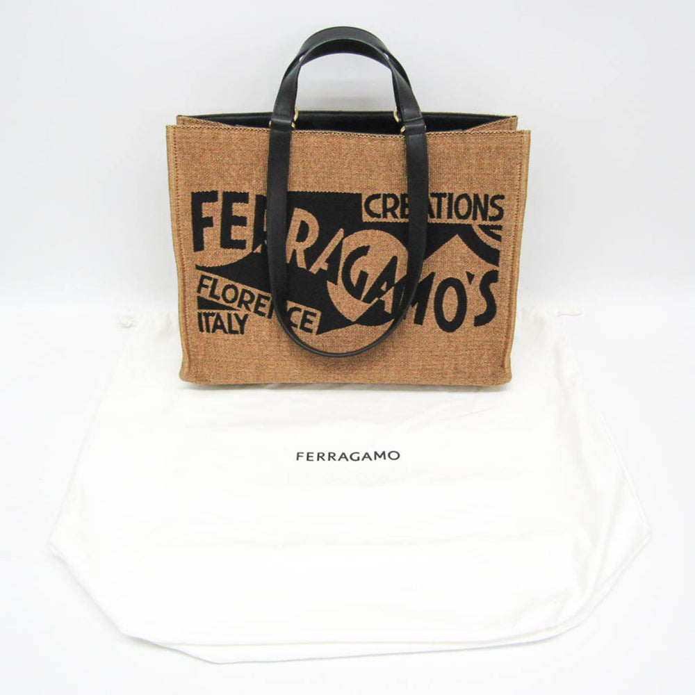 Salvatore Ferragamo Medium GG-219406 Women,Men Fabric,Leather Handbag,Tote Bag Beige,Black — Like New