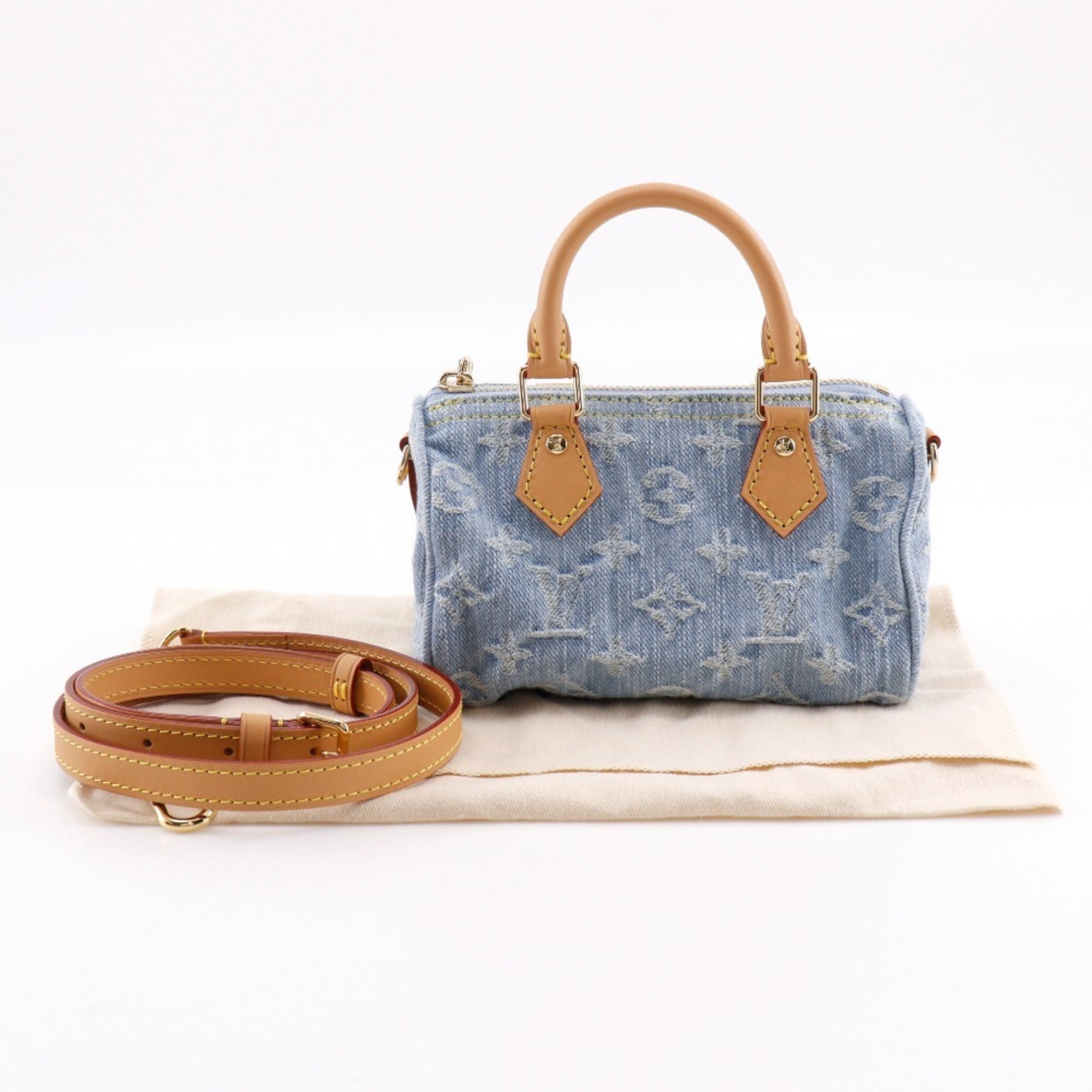 Louis Vuitton Nano Speedy Handbag, 2-Way Shoulder Bag, M11212, Monogram Denim, Sky Blue, Zipper, Women's — Like New