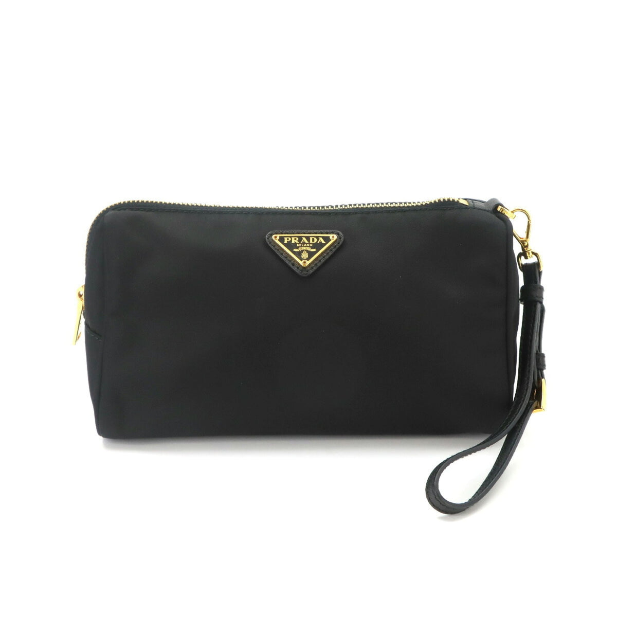 Prada handbag/pouch, nylon, Saffiano leather, black, gold hardware — Like New