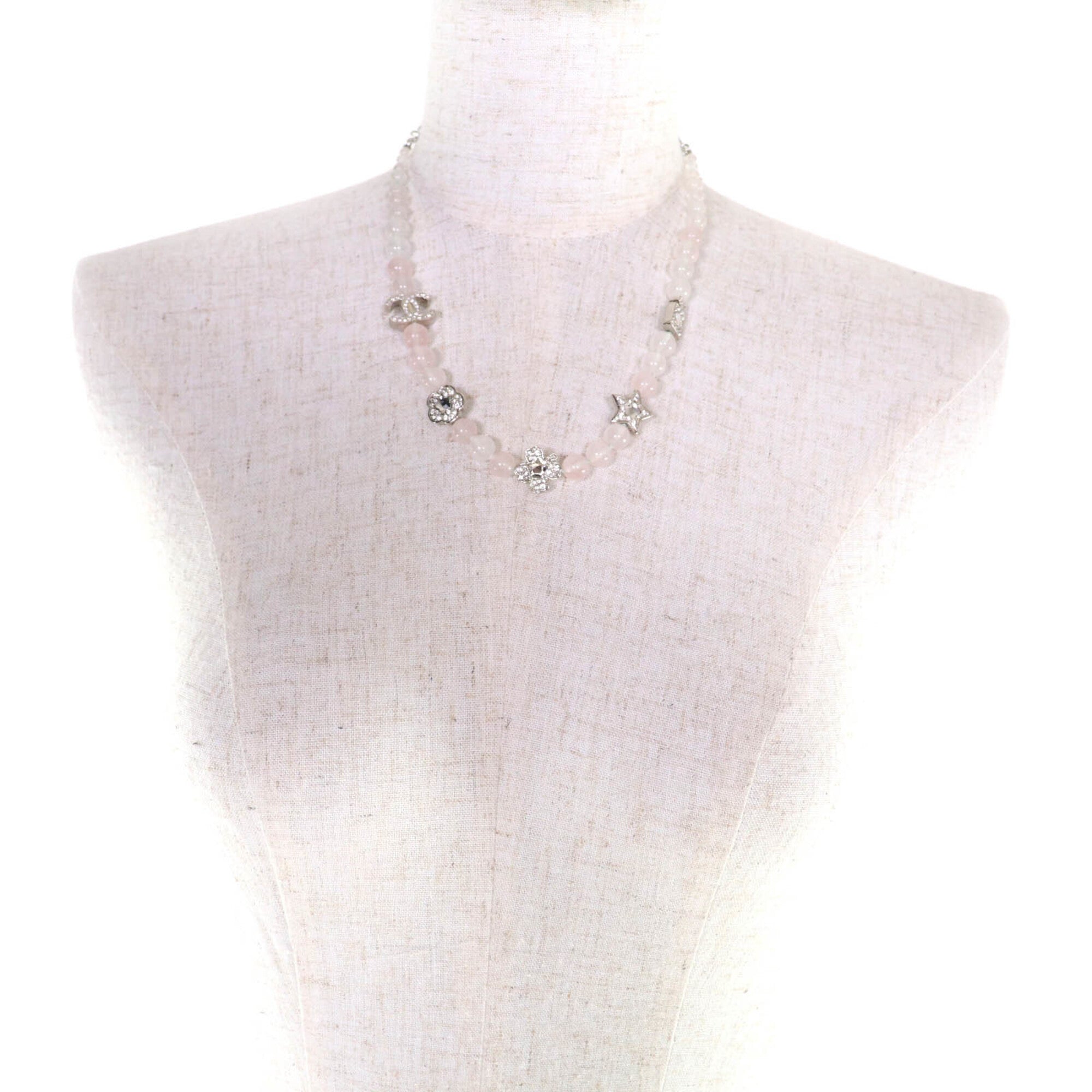 CHANEL B25P Coco Mark Natural Stone Rhinestone Necklace, White and Pink, Silver Hardware, 2025 Model, with Box Dust Bag, Made in Italy, Women's — Like New