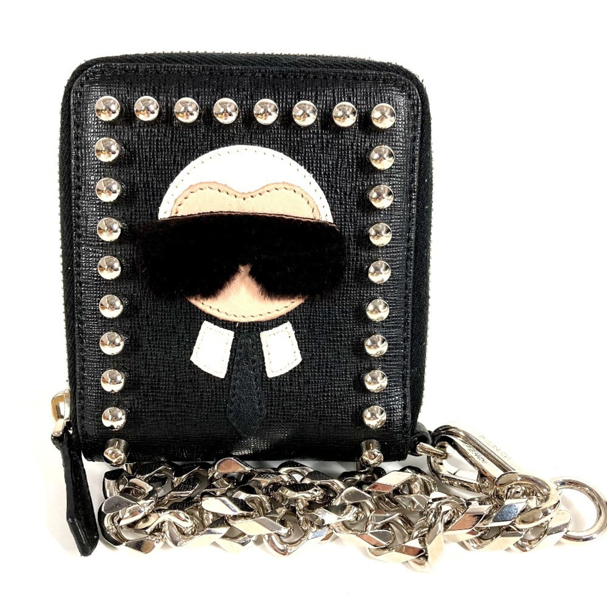 FENDI 7M0197 Karl Lagerfeld Round Zip Compact Wallet with Chain, Black Leather, Men's and Women's