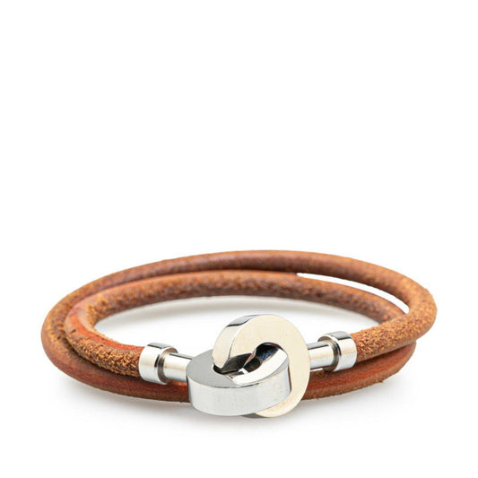 Hermes Lancelot Bracelet Choker in Brown and Silver Leather Metal for Women