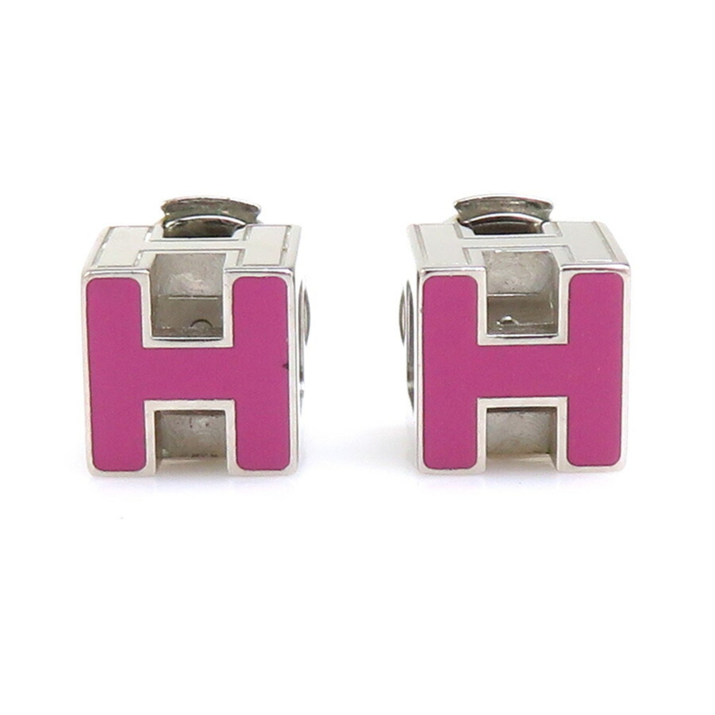 Hermes HERMES Earrings Cage de H Metal Enamel Silver Magenta Women's e60350