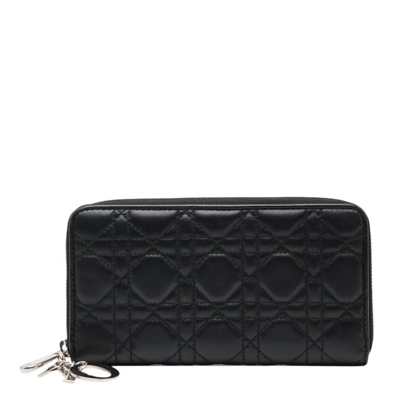 Christian Dior Dior Lady Cannage Round Zip Long Wallet Black Leather Women's