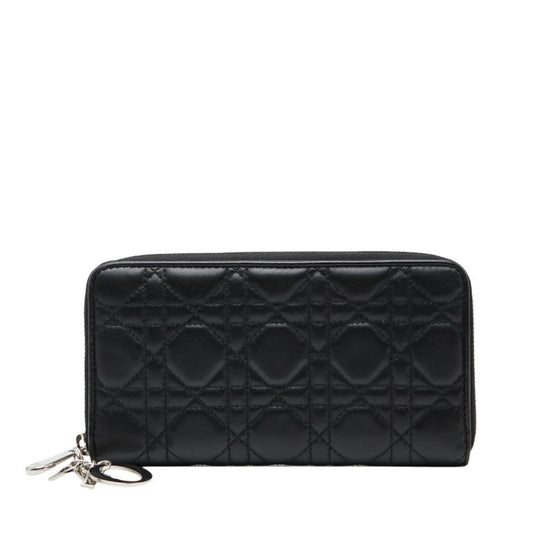 Christian Dior Dior Lady Cannage Round Zip Long Wallet Black Leather Women's