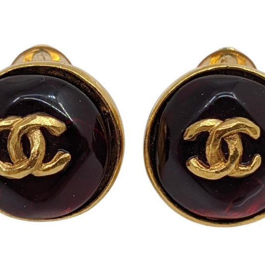 CHANEL Coco Round Earrings with Red Stone, GP 99P, Gold, Red, Women's