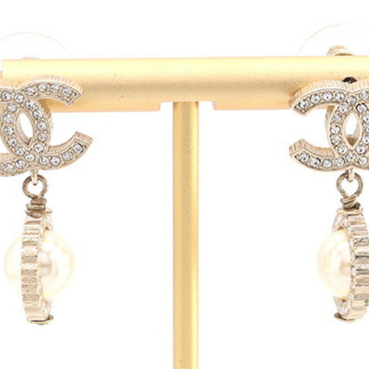 CHANEL Earrings AB2307 Matte Gold Metal with Faux Pearl Rhinestones and Coco Mark, Women's