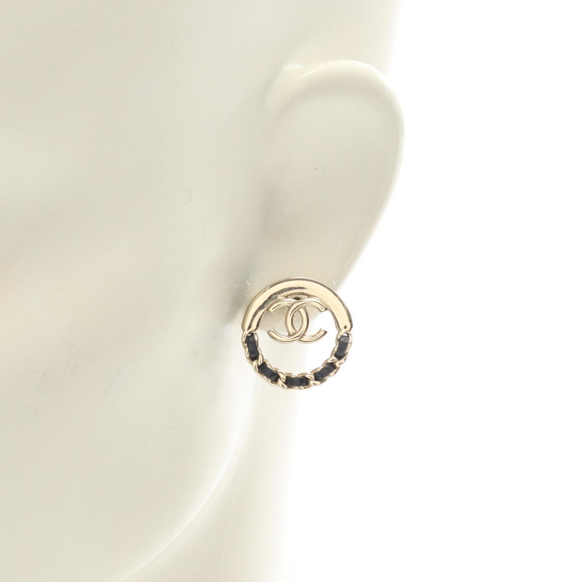 CHANEL Coco Mark Earrings, Gold-Plated Leather, Women's, Gold and Black