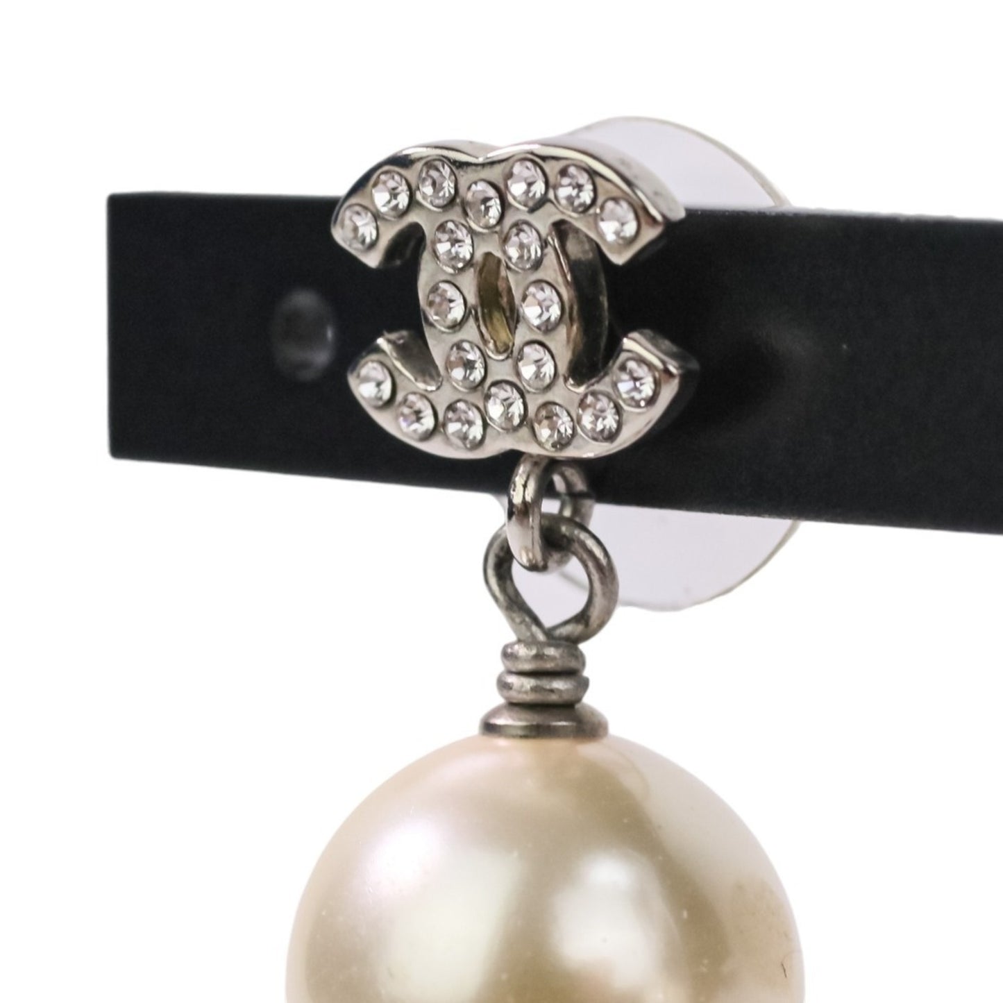 Chanel Faux Pearl & Rhinestone Coco Mark Stud Earrings in White and Silver