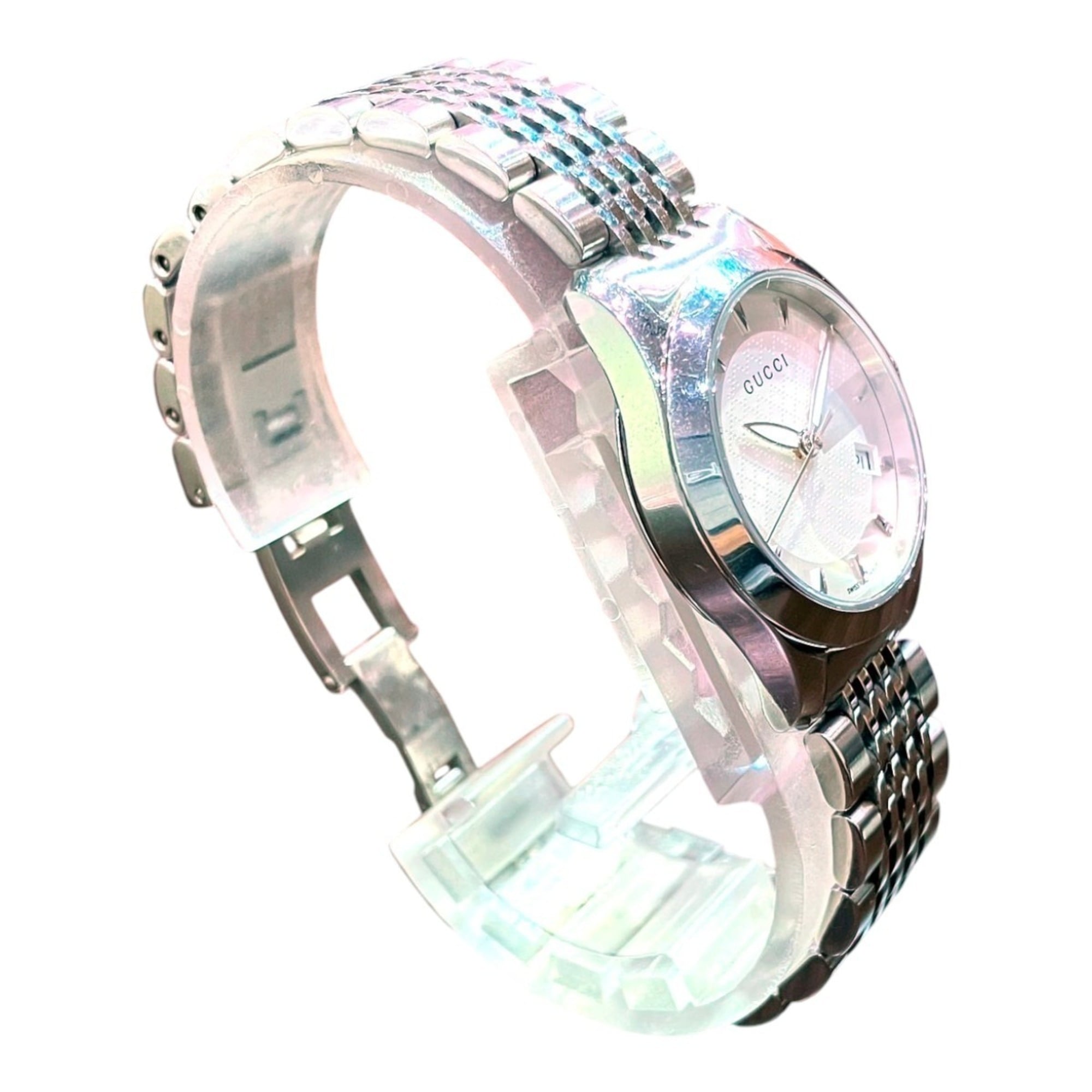 Gucci G-Timeless watch, total weight 57.2g, stainless steel, quartz movement, white dial, 126.5cm — Good