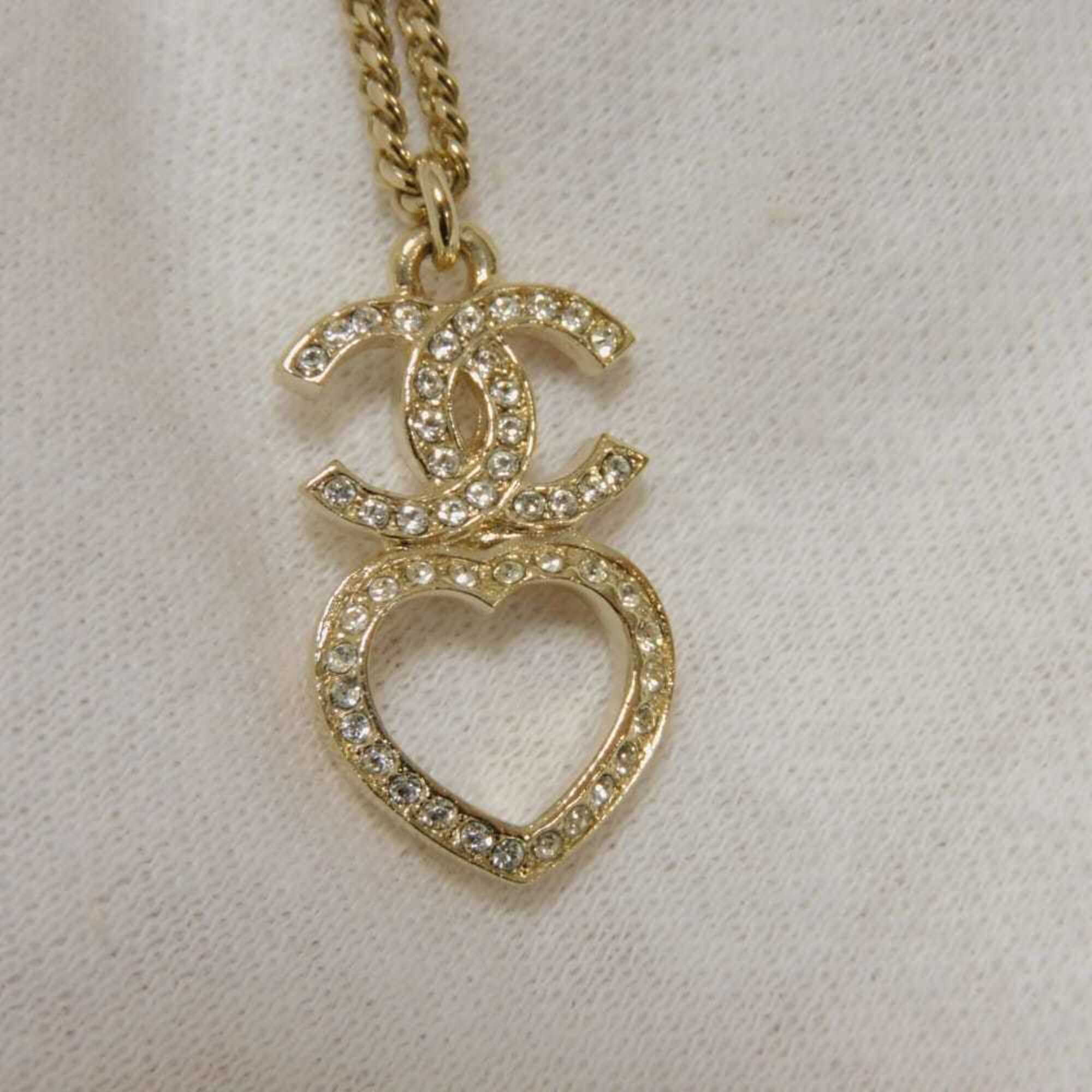 Chanel necklace, Coco Mark, heart, crystal, costume pearl, rhinestone, metal, F23B, CC mark, clear, ABB651, women's — Like New