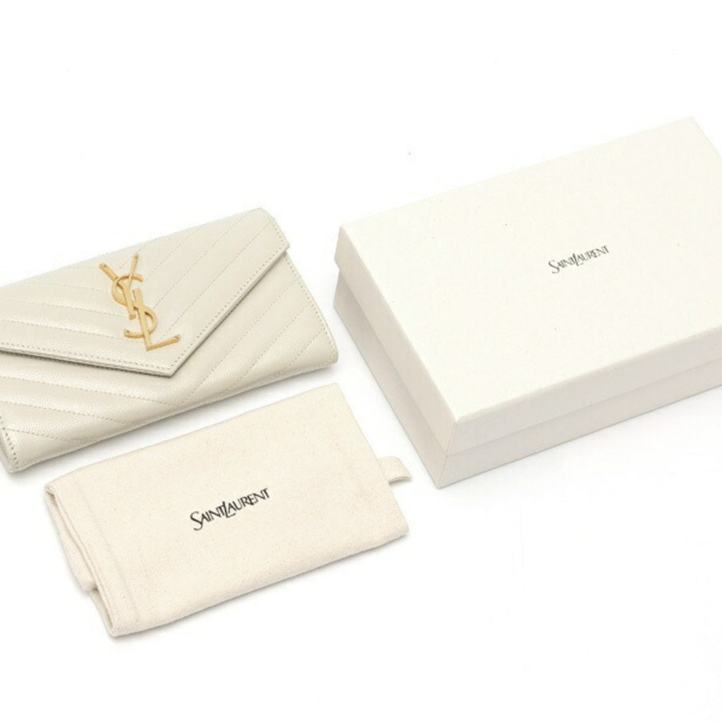 Saint Laurent Monogram Large Flap Wallet 372264 Grain de Poudre Embossed Leather Ivory S-159322