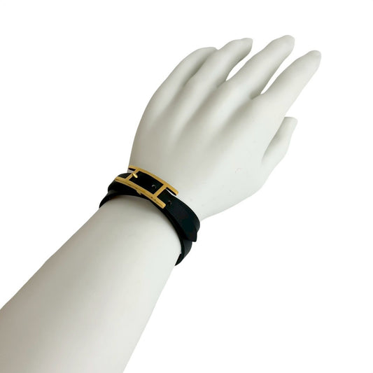 HERMES B-Api Double Tour Leather GP Bracelet Bangle in Black Gold (m1193)