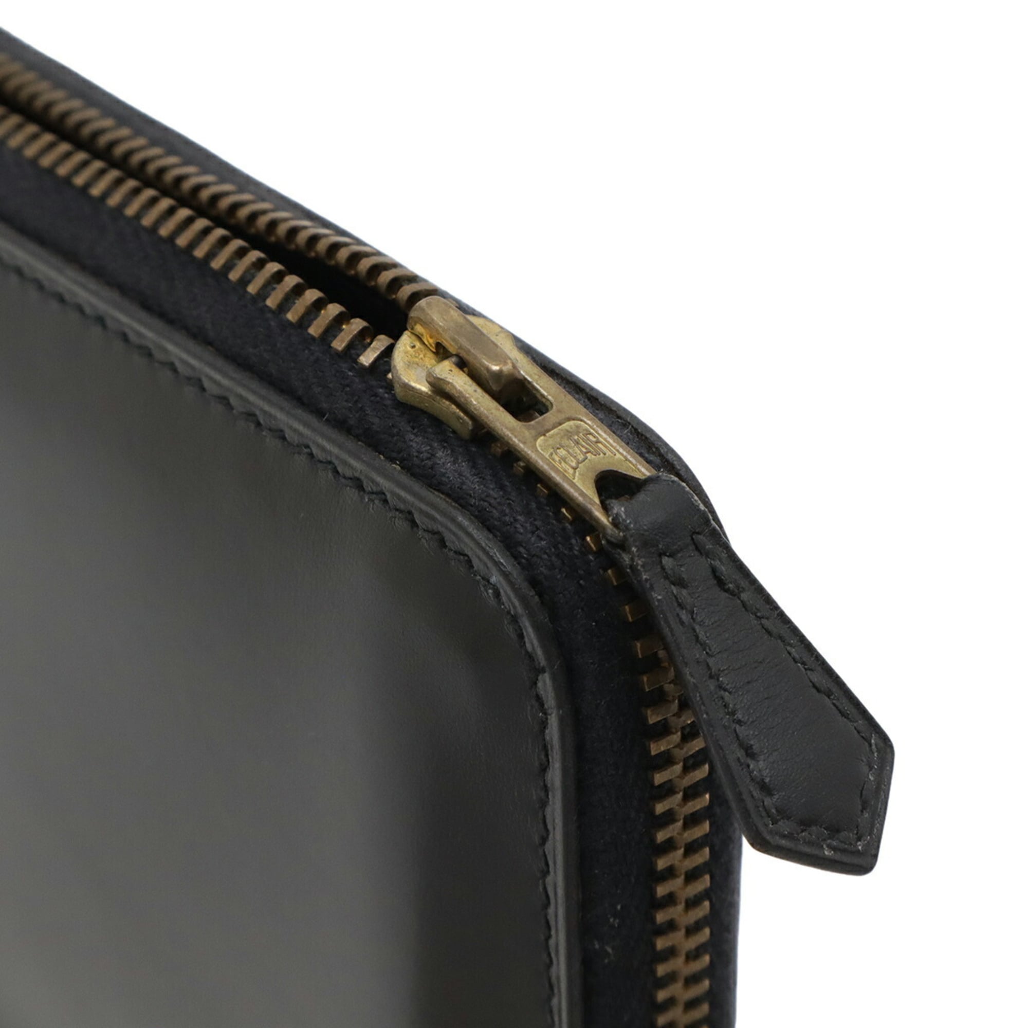 HERMES Charlie Travel Case, Multi-Purpose Passport Round Wallet, Box Calf Leather, Black, 〇U Stamp