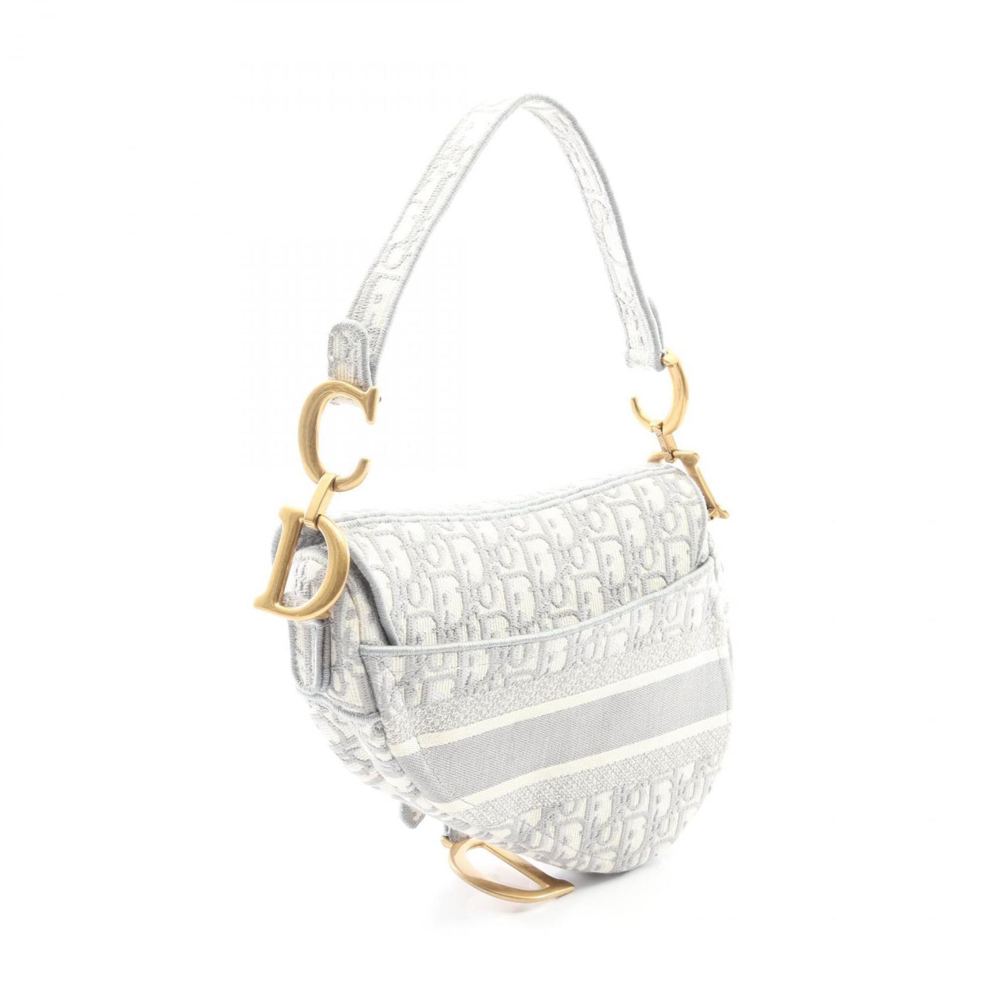 Christian Dior Dior Saddle Bag, Oblique Jacquard Canvas Handbag, Women's, Gray and Ivory