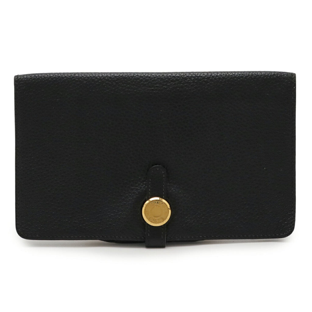 HERMES Dogon MM Bi-fold Long Wallet, Togo Leather, Black