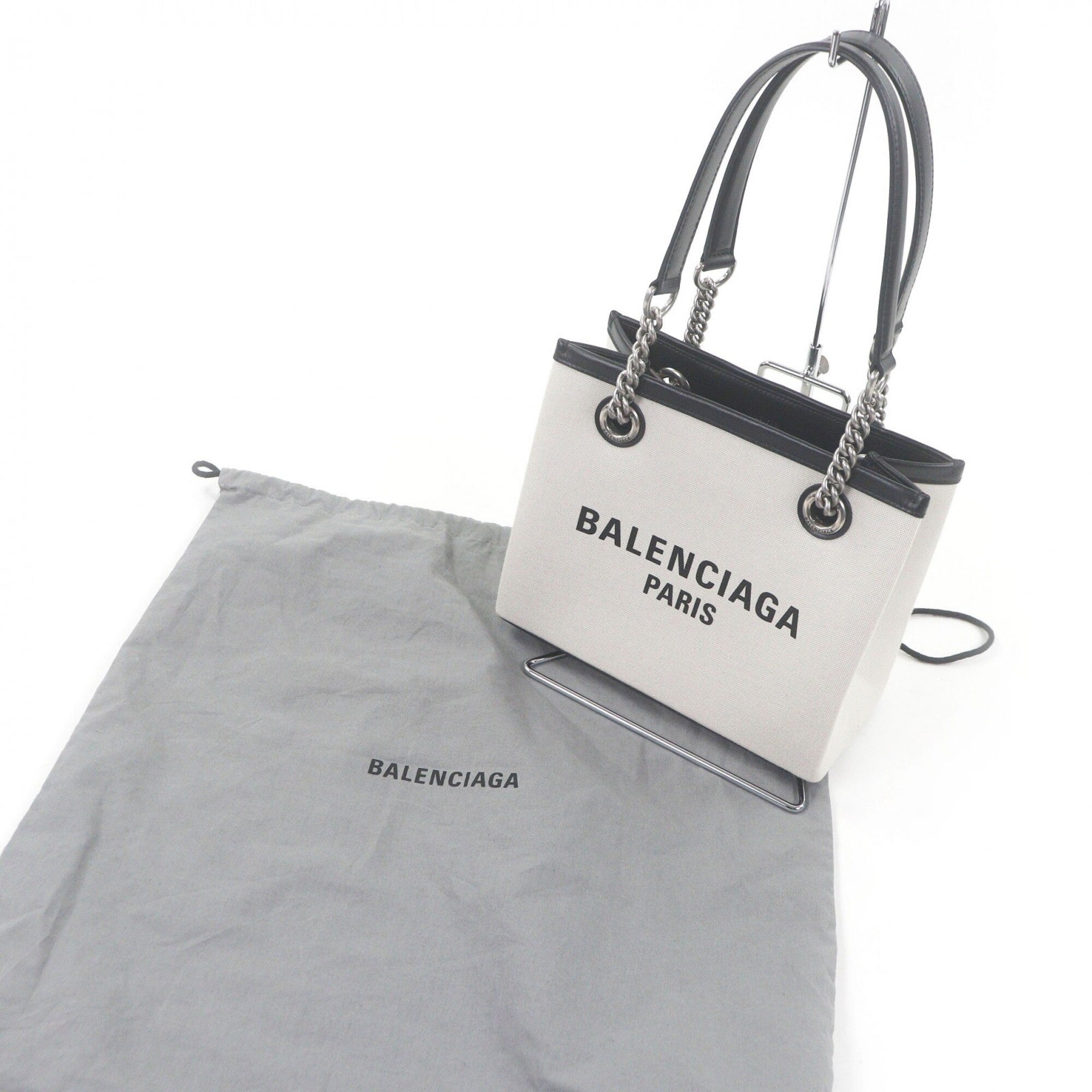 BALENCIAGA 759941 DUTY FREE TOTE S Canvas Leather Logo Print Chain Shoulder Handbag Light Beige Black Comes with Dust Bag Made in Italy Women's — Like New