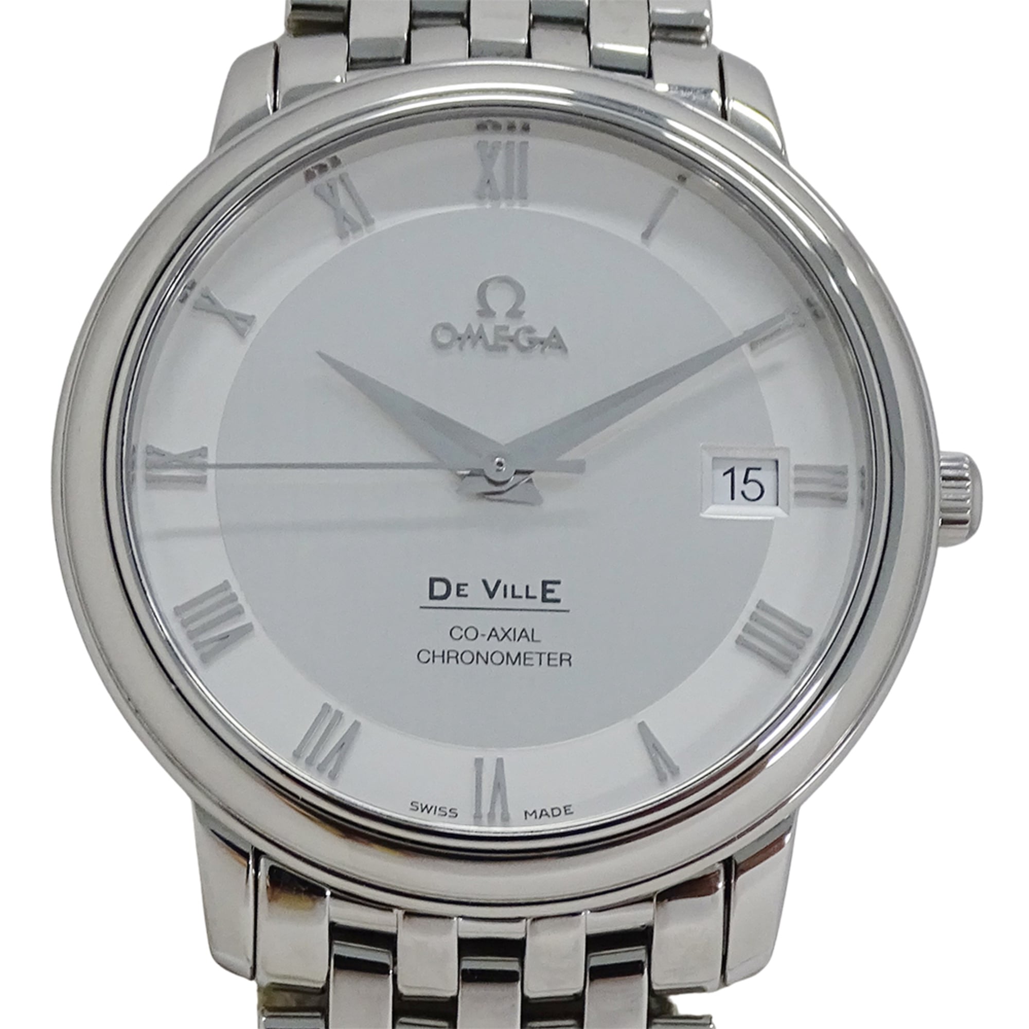 Omega De Ville Prestige 4574.31 Men's Watch, Brand Name, Date, Co-Axial Chronometer, Automatic, Stainless Steel (SS), Silver, Polished — Good