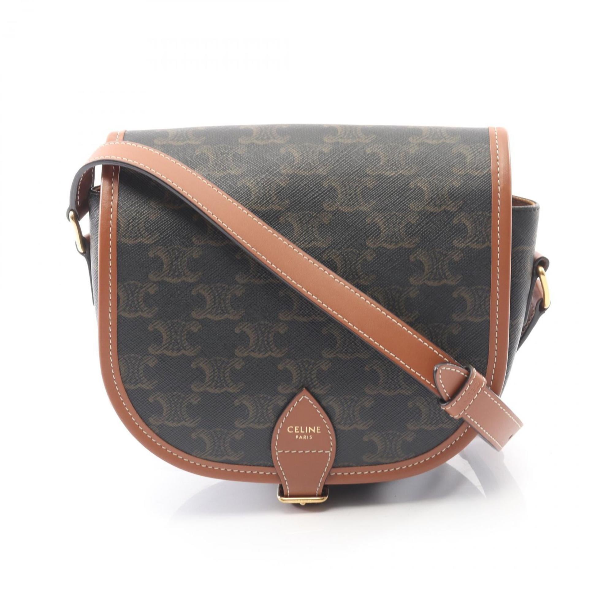 Celine Folco Medium Triomphe Shoulder Bag, Coated Canvas and Leather, Women's, Black Brown