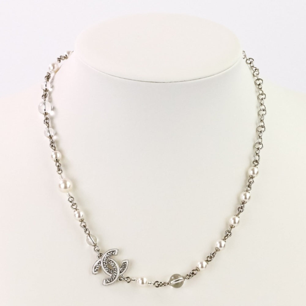 A25C CHANEL Rhinestone Coco Mark Pearl Necklace, Silver/White, Women's — Like New